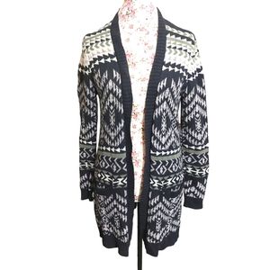 Roxy Open-Front Geometric Pattern Cardigan in Navy, Cream, Olive